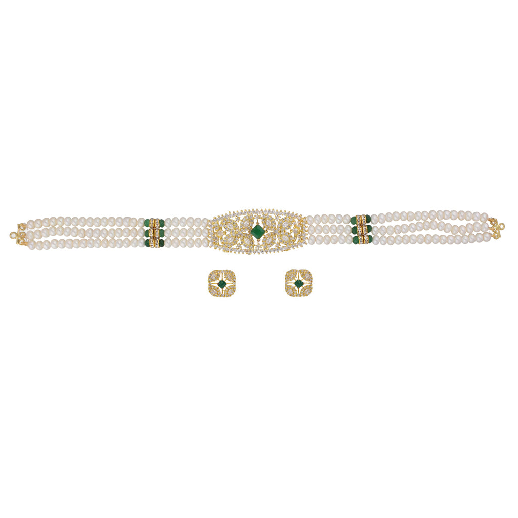 J Pearls Kavya 3 Lines Round Choker Set - Real Pearl Jewelry