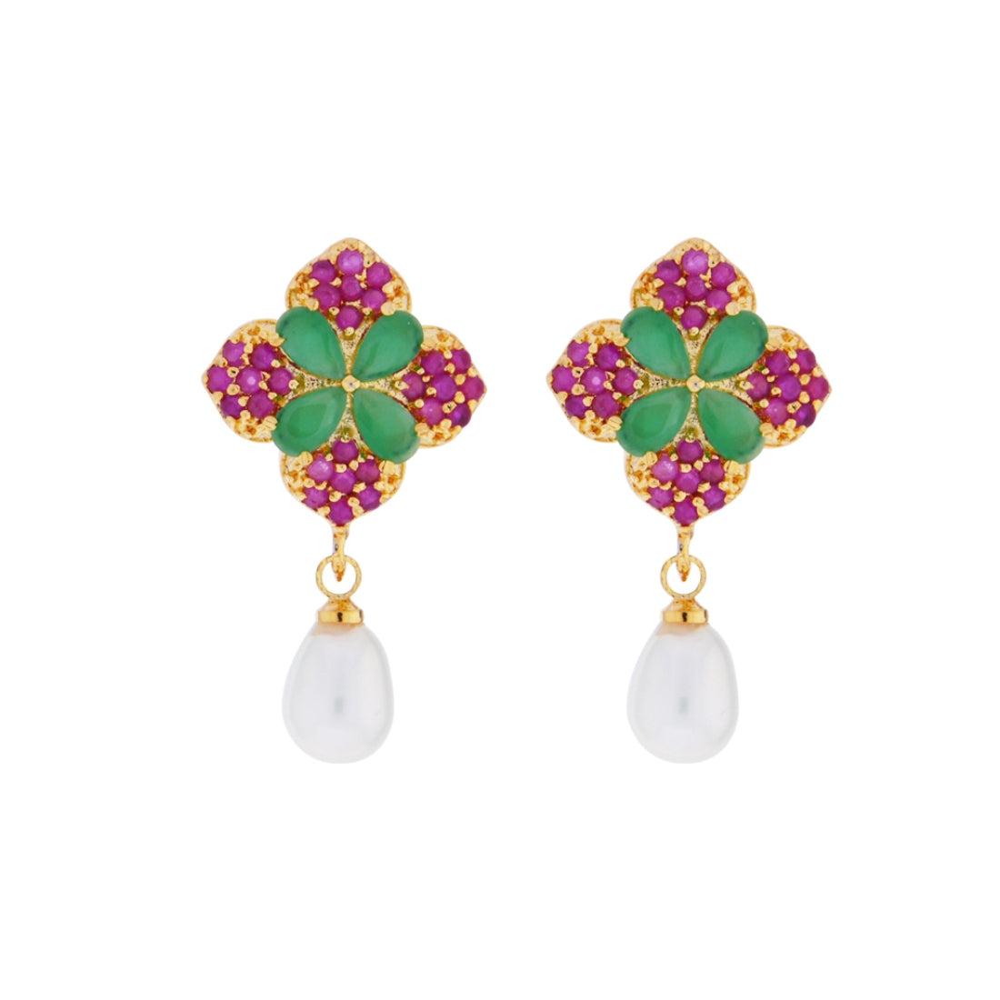 J Pearls Ruby Emerald Semi Precious Stone Drop Earrings - Real Pearl Jewelry