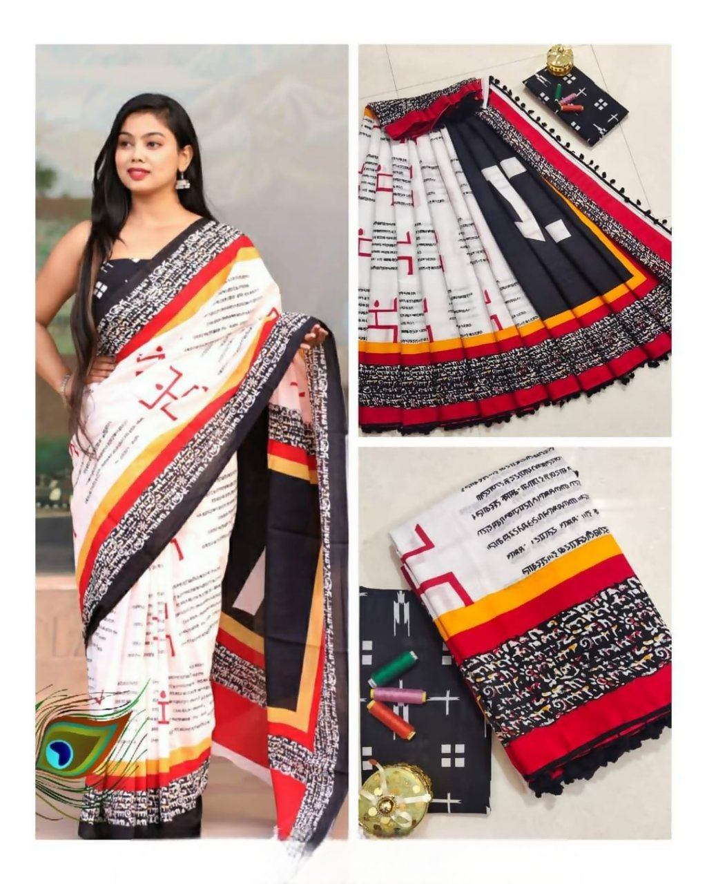 Exclusive Collection White Black Red Beautiful Mulmul Cotton Saree