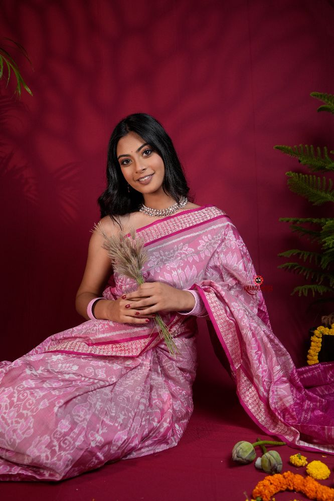 khanduapata Blush Pink & Intricate White Floral Design Silk Saree For Women
