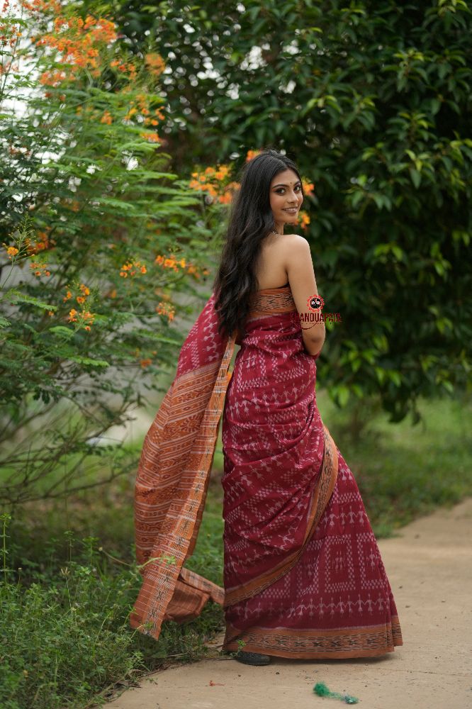 khanduapata Maroon & Orange Colour Tribal Design Cotton Saree For Women