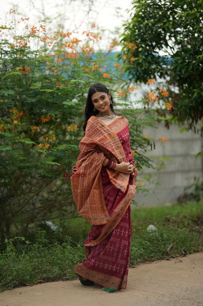 khanduapata Maroon & Orange Colour Tribal Design Cotton Saree For Women