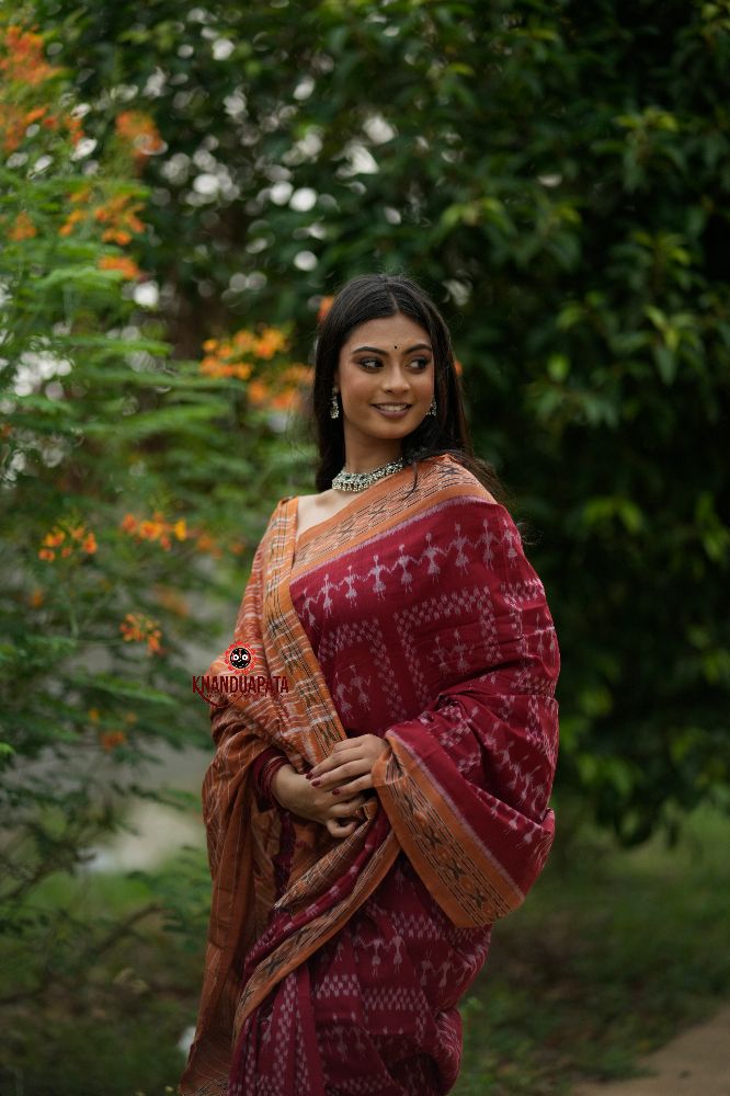 khanduapata Maroon & Orange Colour Tribal Design Cotton Saree For Women