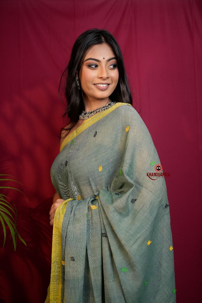 khanduapata Grey and Yellow Dot Pattern Cotton Saree For Women