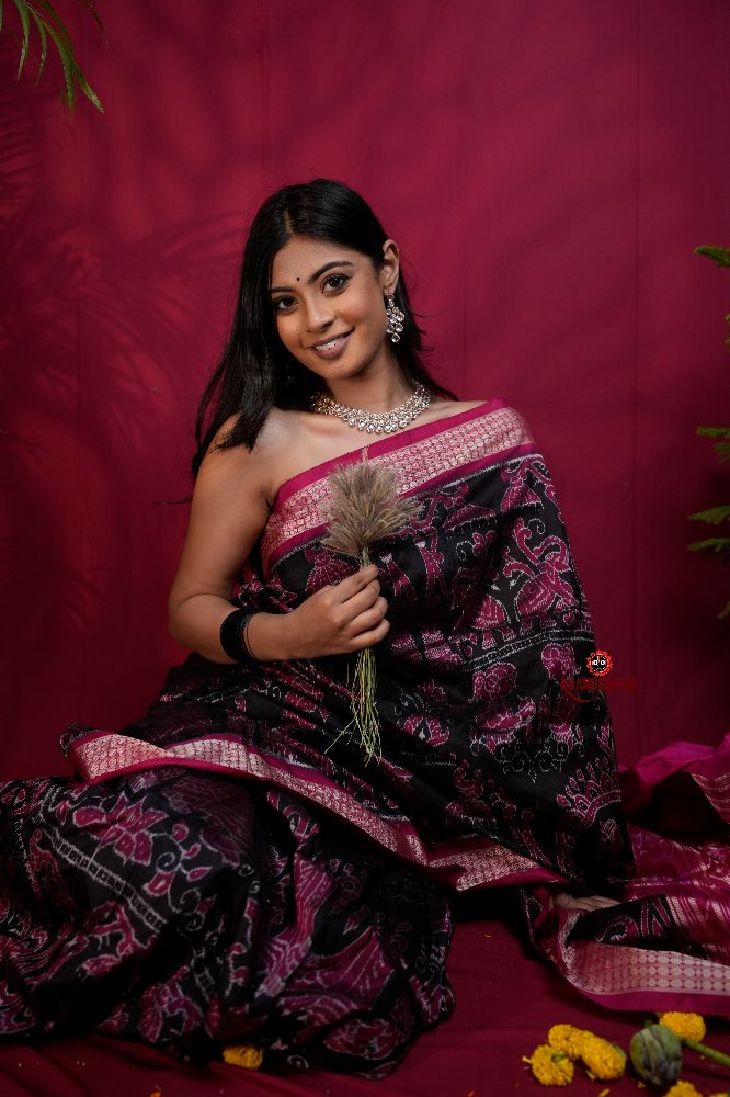 khanduapata Pink & Black Floral Design Silk Saree For Women
