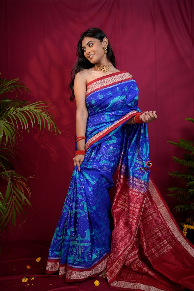 khanduapata Red & Blue Floral Design Silk Saree For Women
