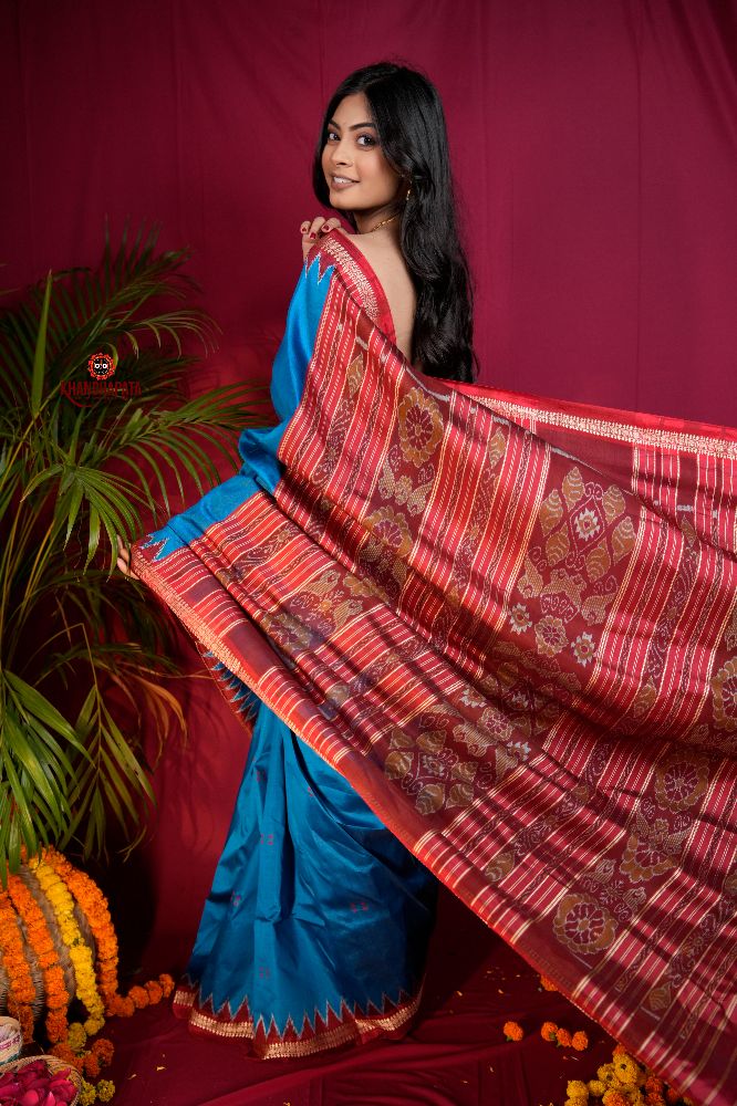 khanduapata Red & Blue Colour Dot Design Silk Saree For Women