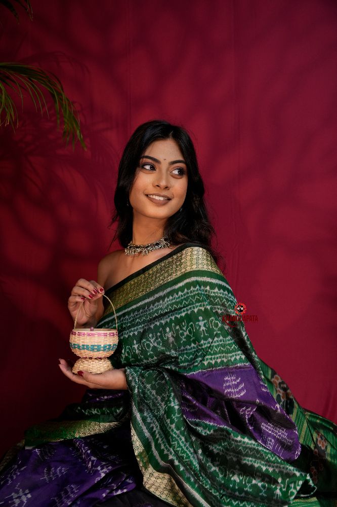 khanduapata Green & Purple Colour Floral Design Silk Saree For Women
