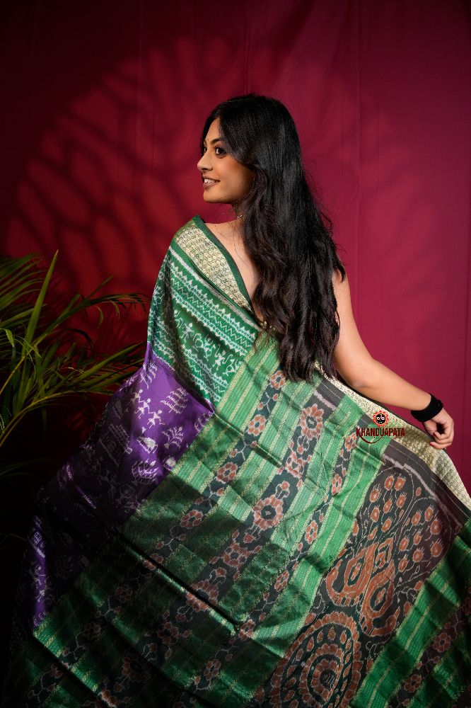 khanduapata Green & Purple Colour Floral Design Silk Saree For Women