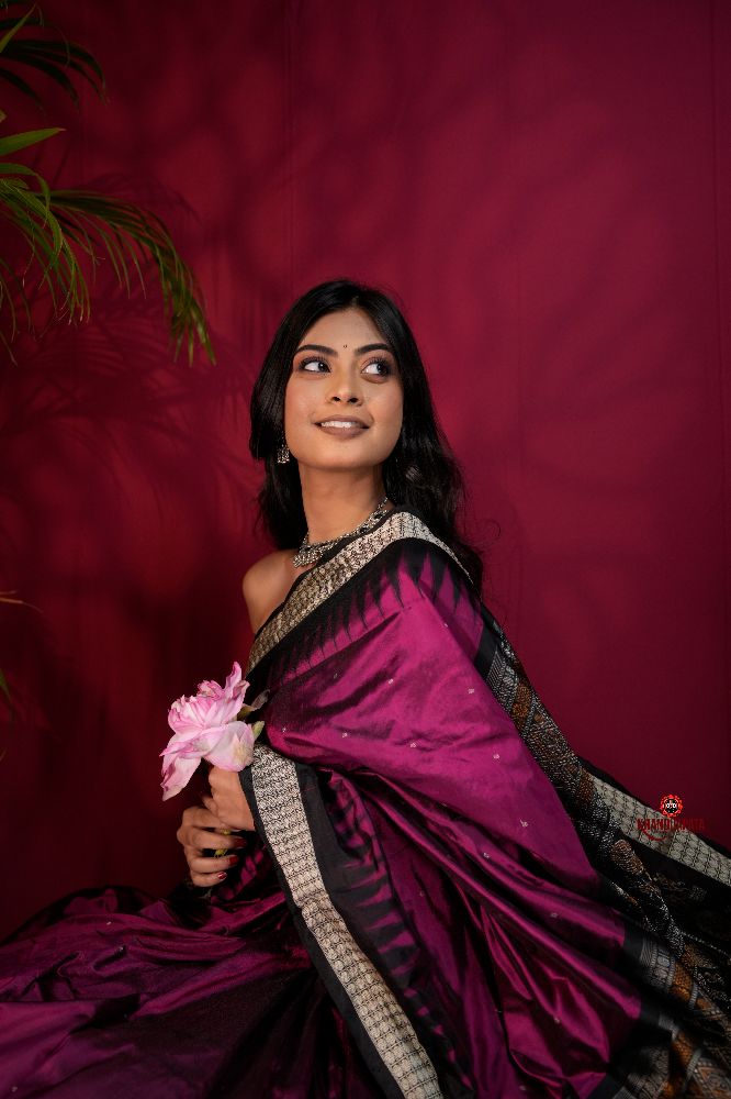 khanduapata Black & Magenta Colour Dot Design Silk Saree For Women