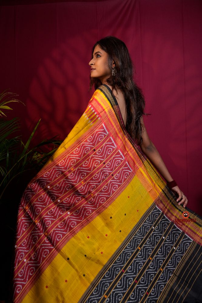khanduapata Black & Mustard Yellow Multi Colour Dot Design Silk Saree For Women