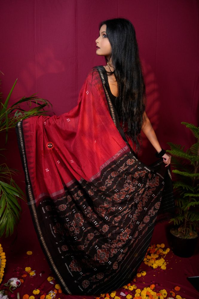 khanduapata Red & Black Dot Design Cotton Saree For Women