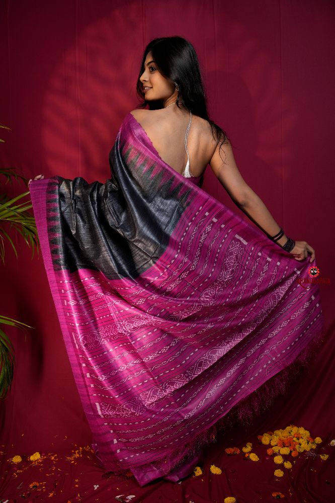 khanduapata Black & Pink Colour Plain Tussar Silk Saree For Women