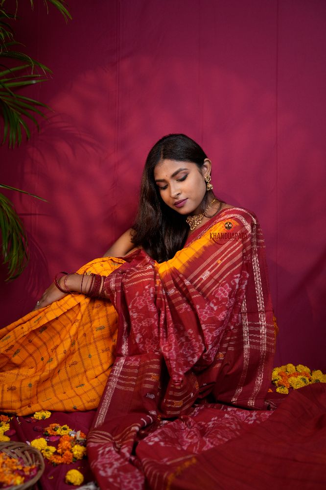 khanduapata Red & Yellow Colour Fish Design Cotton Saree For Women