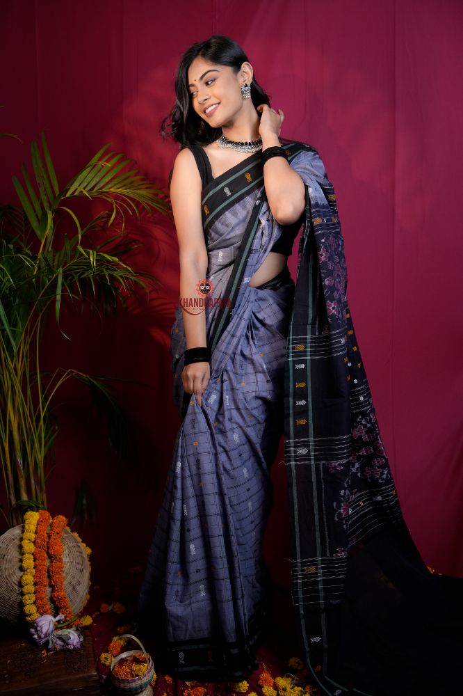 khanduapata Grey & Black Colour Body Design Cotton Saree For Women