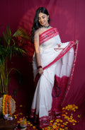 khanduapata White & Red Double Border Design Cotton Saree For Women