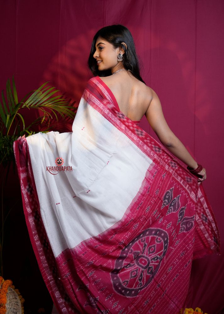 khanduapata White & Red Double Border Design Cotton Saree For Women