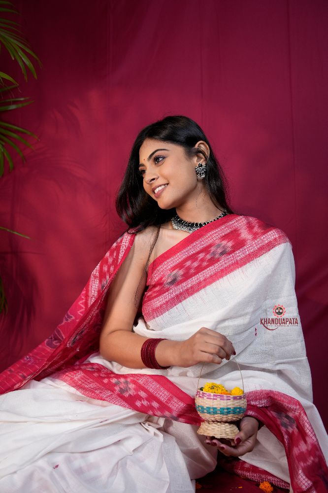 khanduapata White & Red Double Border Design Cotton Saree For Women