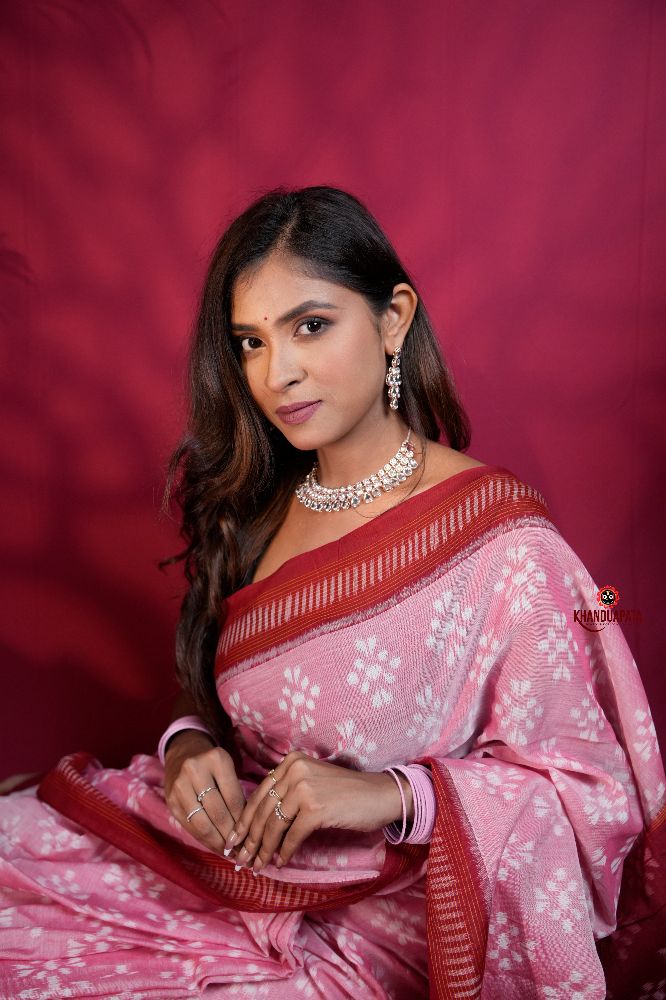 khanduapata Pink & Red Colour Body Design Cotton Saree For Women