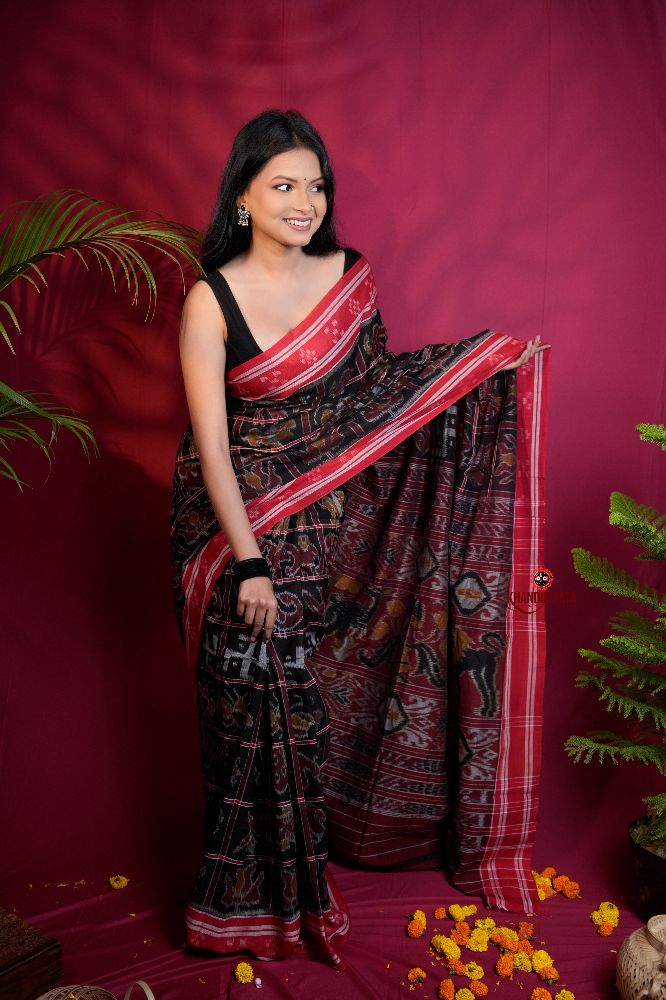 khanduapata Black & Red Colour Navakothi Design Cotton Saree For Women