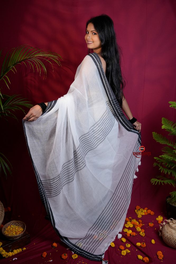 khanduapata White and Black Colour Plain Cotton Saree For Women