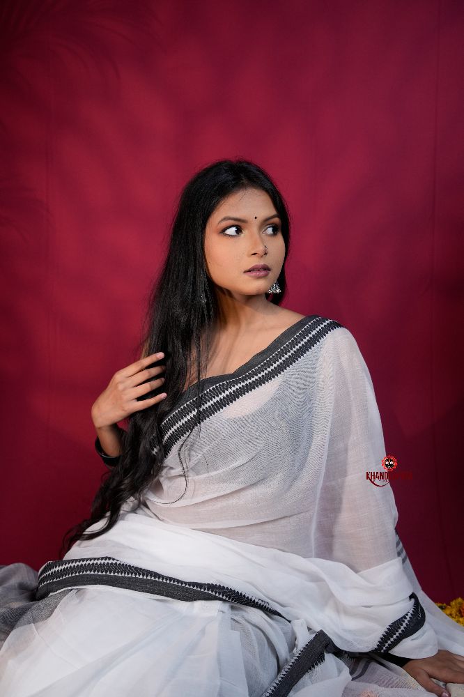 khanduapata White and Black Colour Plain Cotton Saree For Women