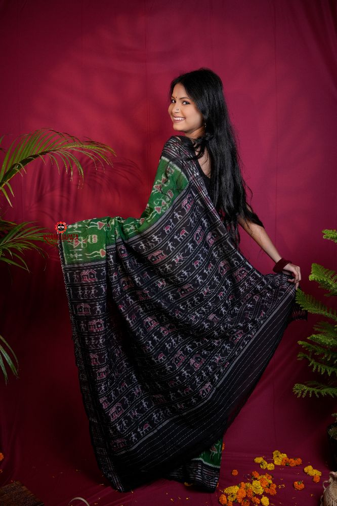 khanduapata Black & Green Colour Doll Design Cotton Saree For Women