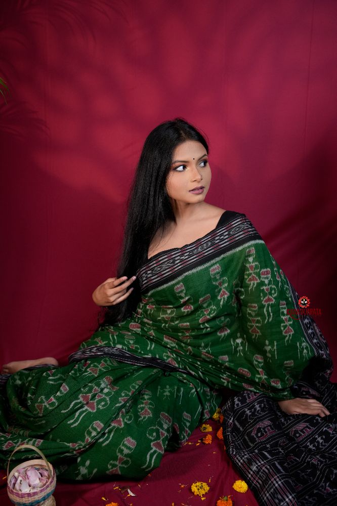 khanduapata Black & Green Colour Doll Design Cotton Saree For Women