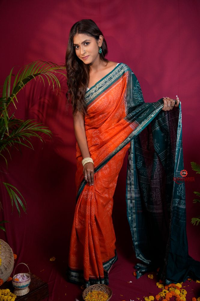 khanduapata Orange & Teal Colour Body Design Cotton Saree For Women