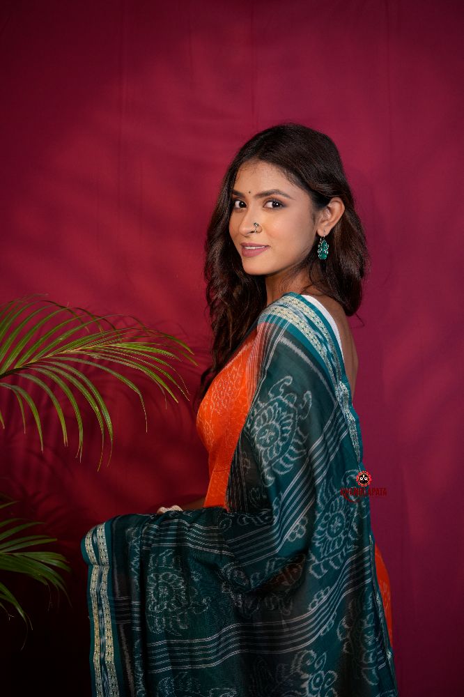khanduapata Orange & Teal Colour Body Design Cotton Saree For Women