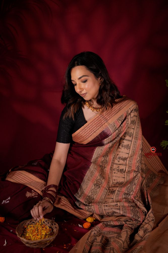 khanduapata Maroon & Beige Colour Doll Design Cotton Saree For Women