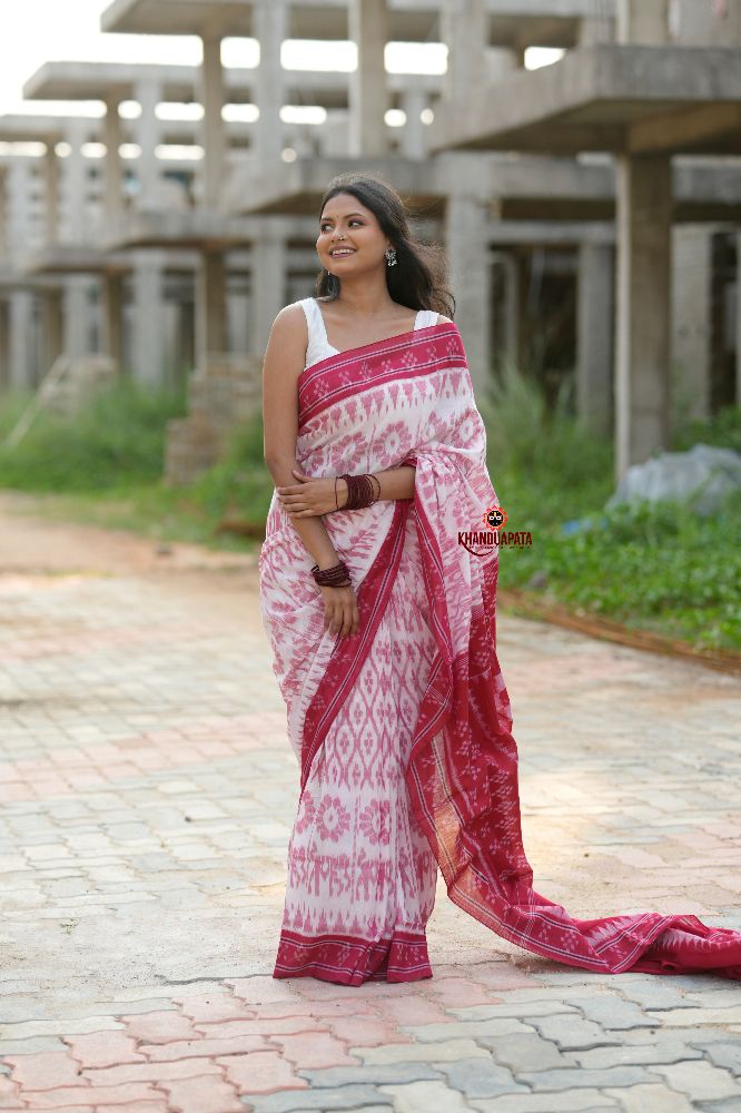 khanduapata Red & White Border Pasapali Design Cotton Saree For Women