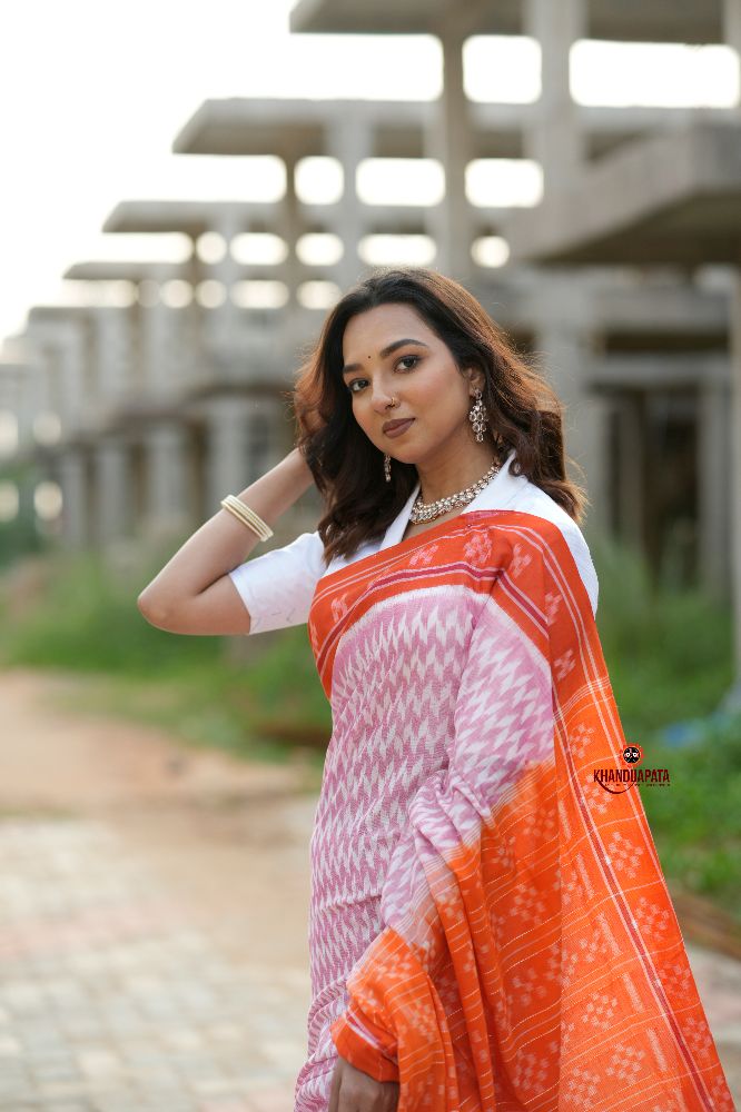 khanduapata Orange & Pink Border Pasapali Design Cotton Saree For Women