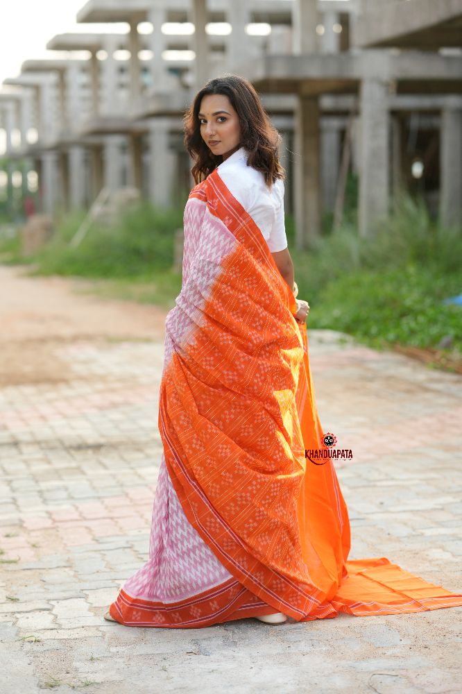 khanduapata Orange & Pink Border Pasapali Design Cotton Saree For Women
