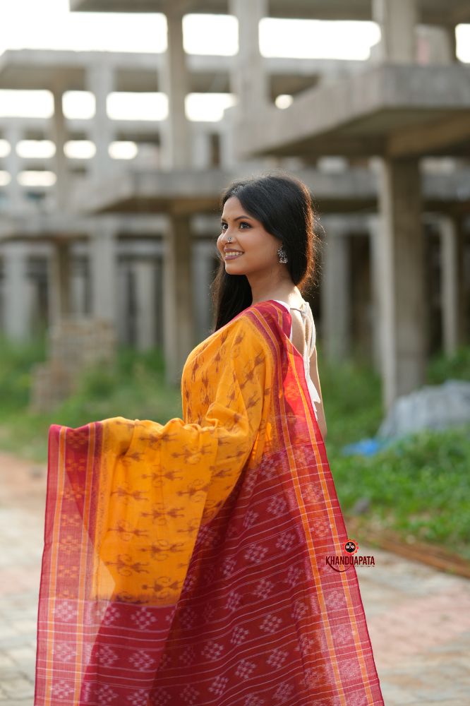 khanduapata Red & Yellow Doll Design Cotton Saree For Women
