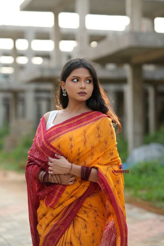 khanduapata Red & Yellow Doll Design Cotton Saree For Women