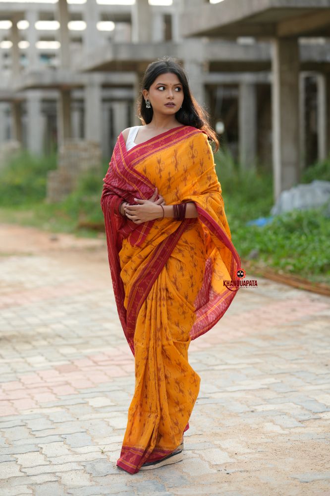 khanduapata Red & Yellow Doll Design Cotton Saree For Women