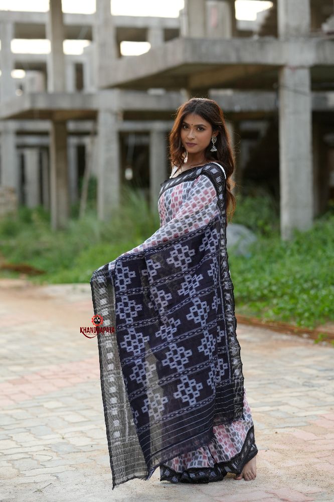 khanduapata White & Black Multi Colour Box Design Cotton Saree For Women