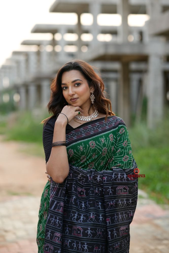 khanduapata Black & Green Body Design Cotton Saree For Women