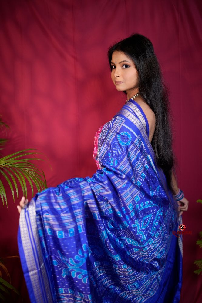 khanduapata Blue & Red Tribal Design Silk Saree For Women