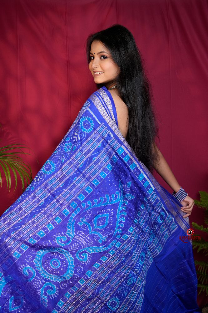 khanduapata Blue & Red Tribal Design Silk Saree For Women