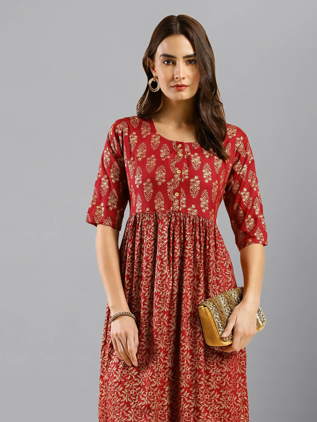 Red Cotton Ethnic Motifs Aline Dress - Poonam