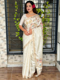 Evanik Off White Tussar Cotton With Hand Mirror Work Saree With Unstitched Blouse