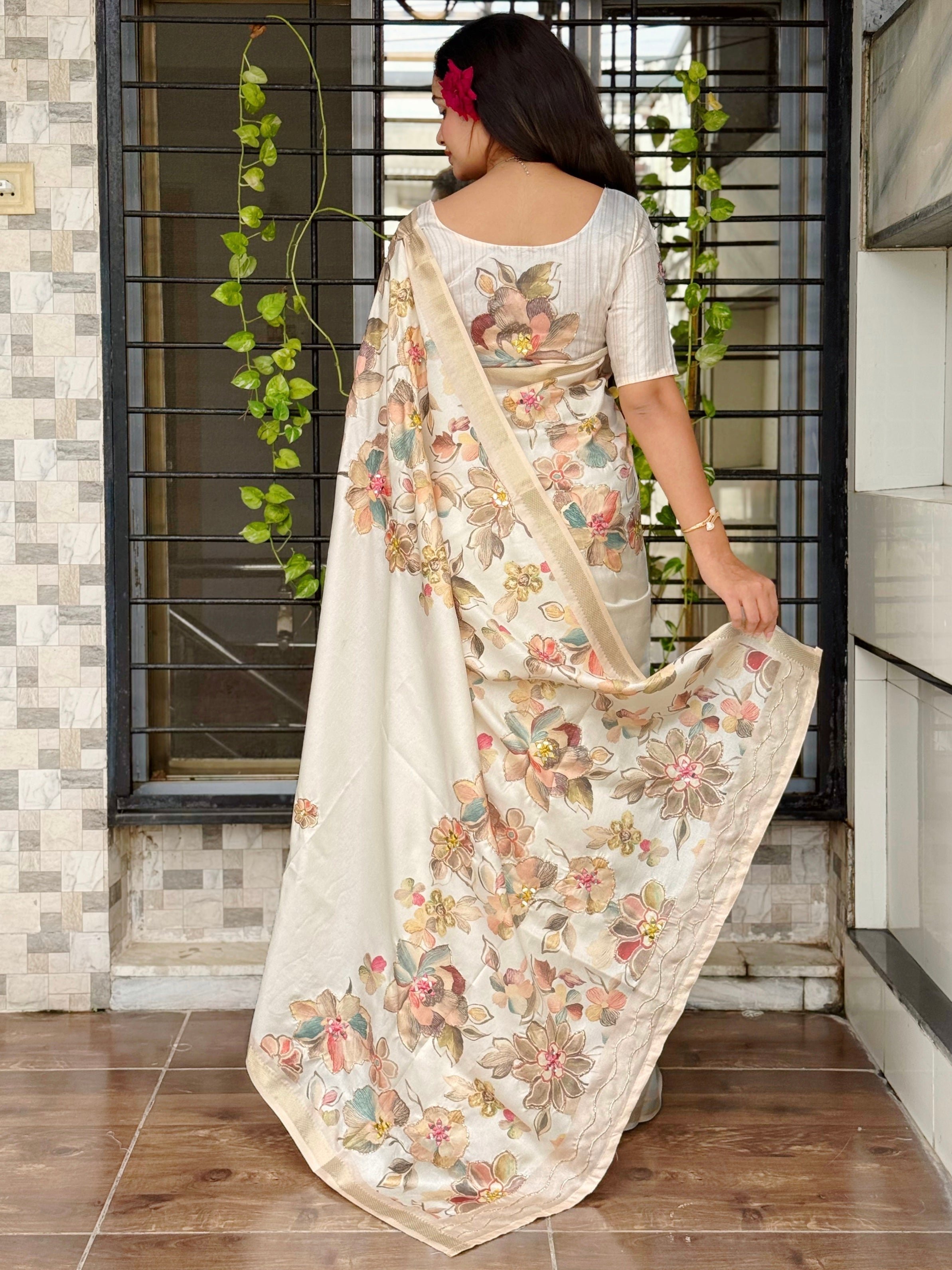 Evanik Off White Tussar Cotton With Hand Mirror Work Saree With Unstitched Blouse