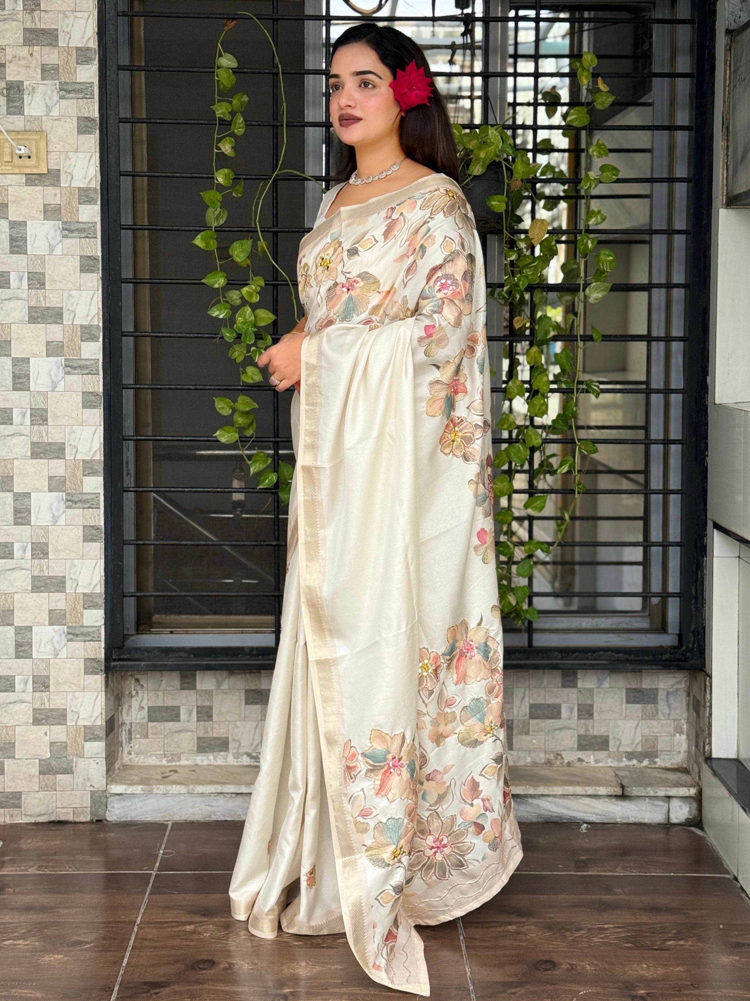Evanik Off White Tussar Cotton With Hand Mirror Work Saree With Unstitched Blouse