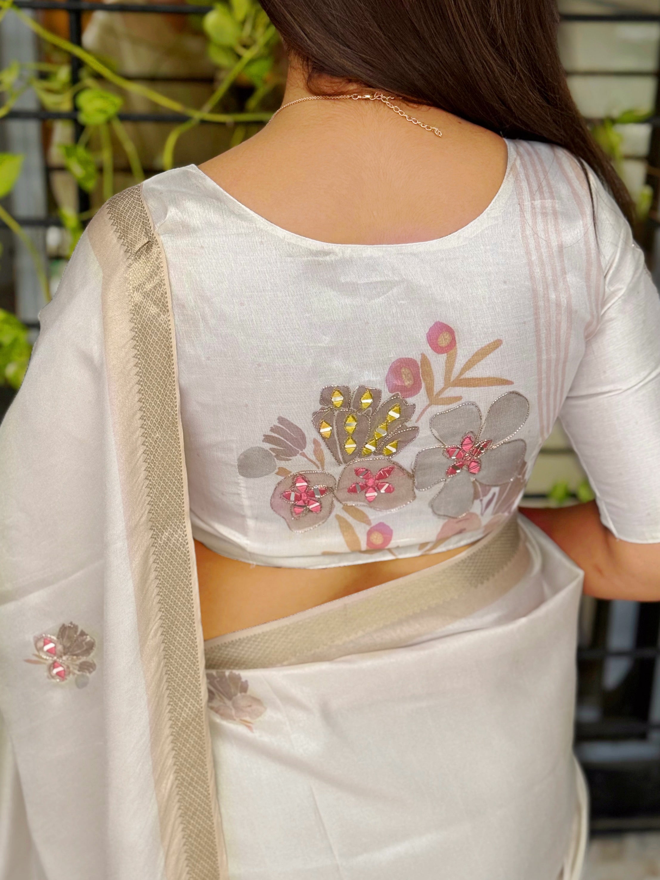 Evanik Off White Tussar Cotton With Hand Mirror Work Saree With Unstitched Blouse