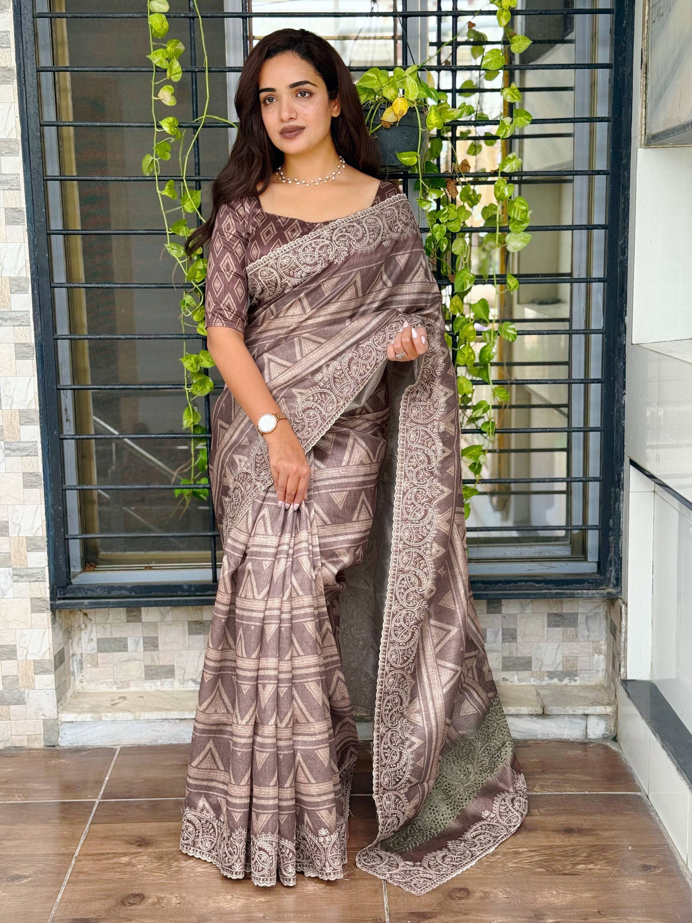 Evanik Brown Kashmiri Style Digital Printed Saree With Unstitched Blouse