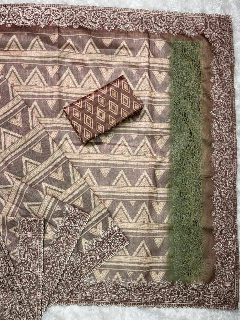 Evanik Brown Kashmiri Style Digital Printed Saree With Unstitched Blouse