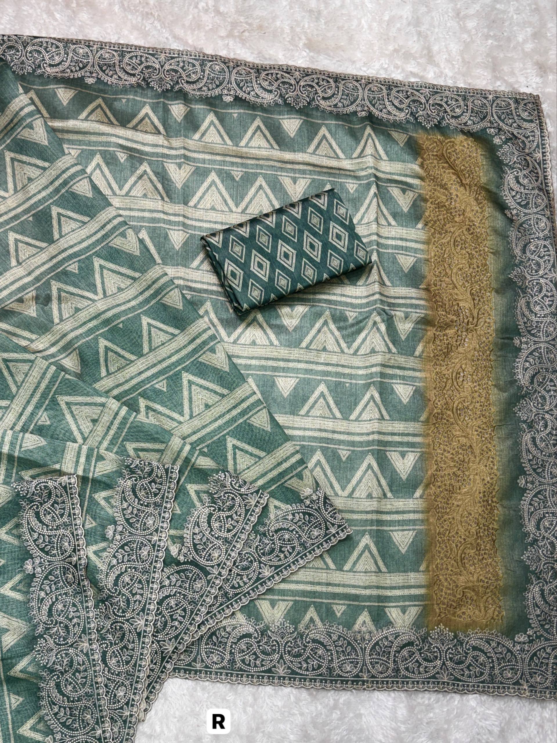 Evanik Green Kashmiri Style Digital Printed Saree With Unstitched Blouse
