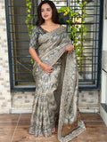 Evanik Grey Kashmiri Style Digital Printed Saree With Unstitched Blouse